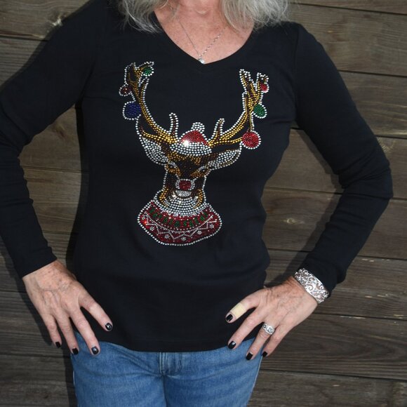 Christmas Deer in sweater rhinestone bling long sleeve shirt XS S M L XL XXL 1X… - Picture 6 of 8